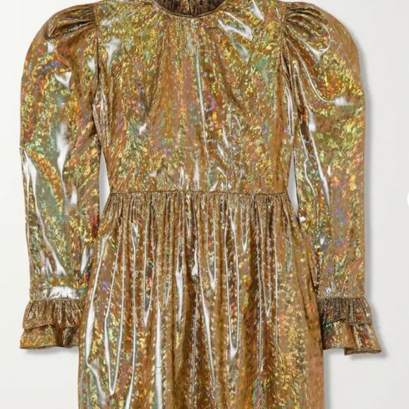 BATSHEVA Prairie ruffled holographic lamé mini dress gold size extra small 0 - Picture 2 of 12